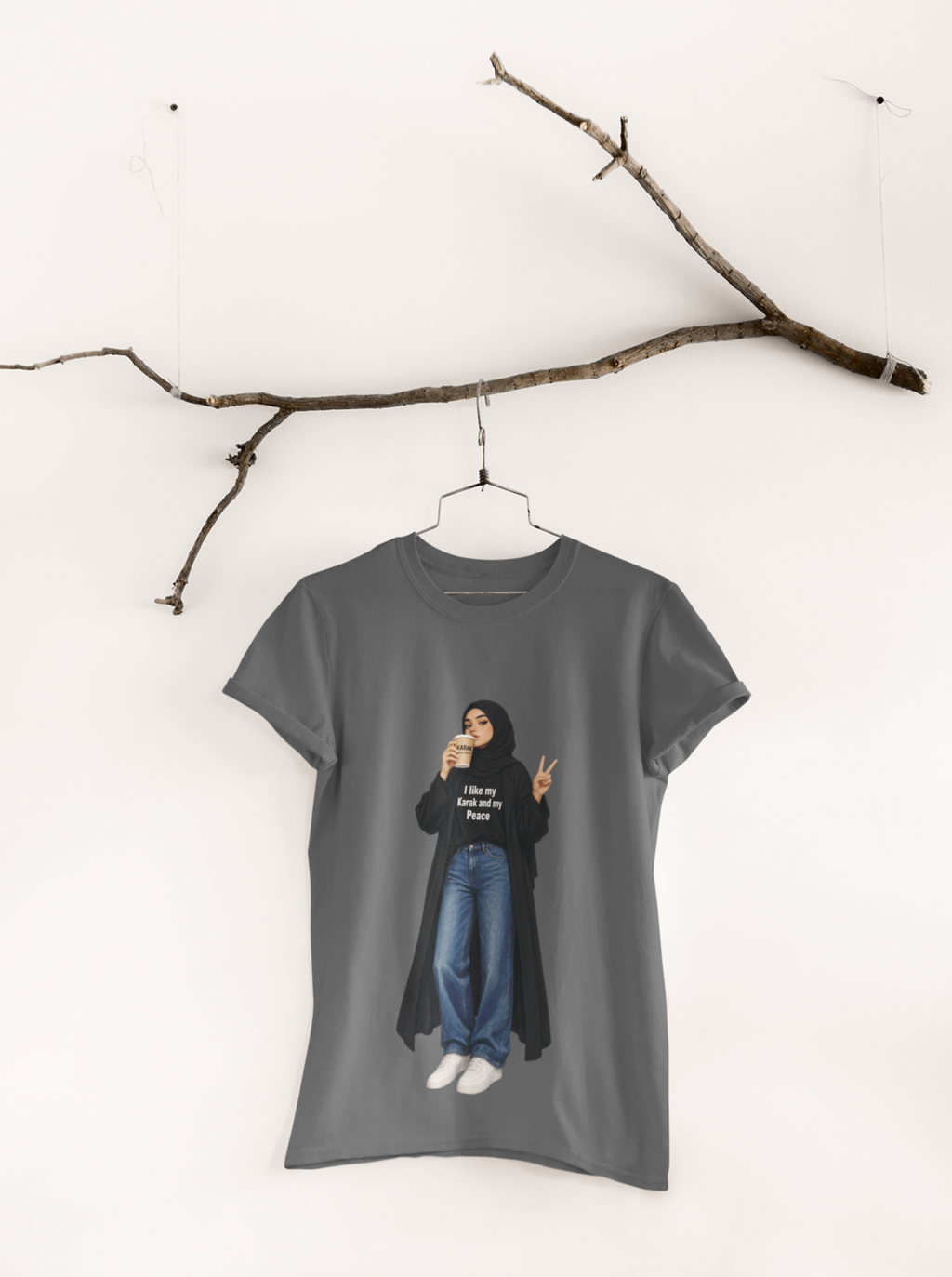 My Karak My Peace Tee Grey - hanging from ornamental branch