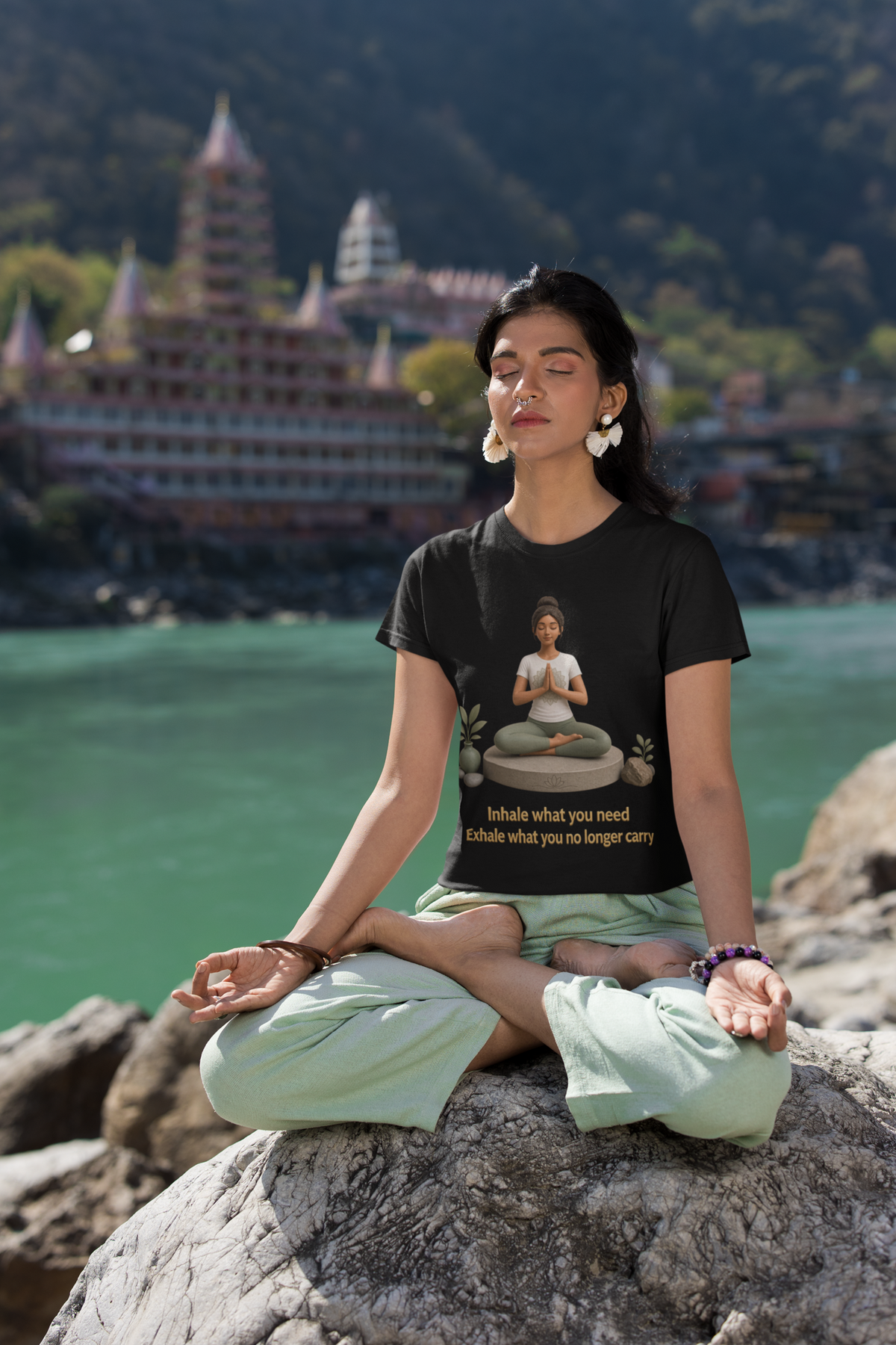 Inhale Exhale Yoga Tee - Black lifestyle shot woman meditating