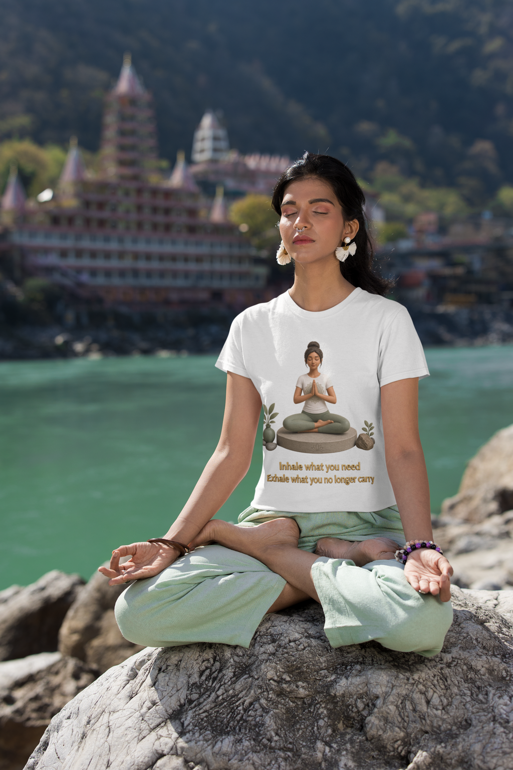 Inhale Exhale Yoga Tee - White lifestyle shot woman meditating