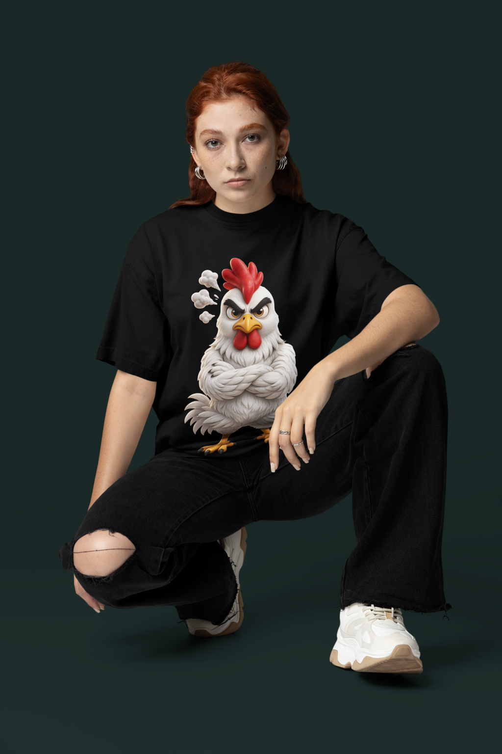 Don't Ruffle My Feathers Tee Black - woman in studio