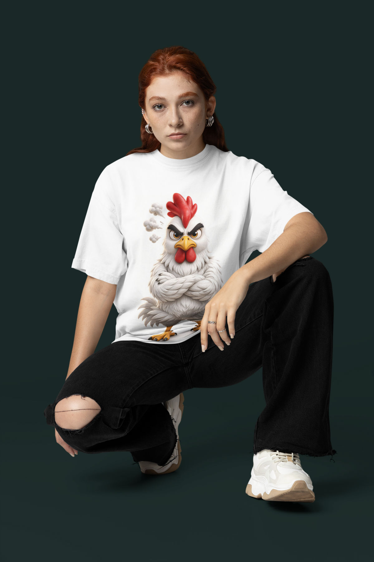 Don't Ruffle My Feathers Tee White - woman in studio