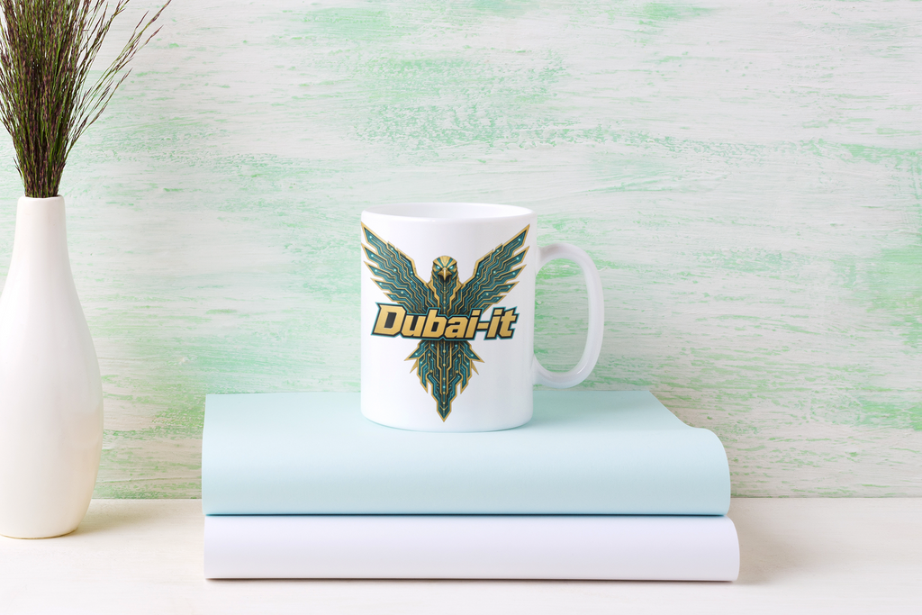 Dubai-it mug on books - teal gold cyber falcon design