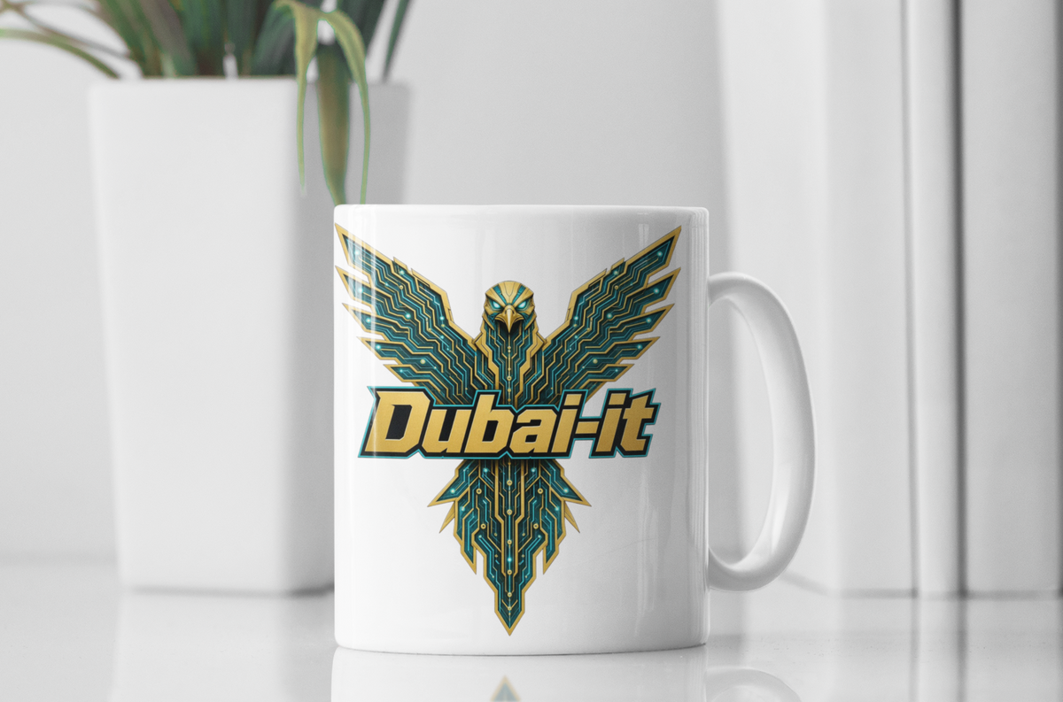 Dubai-it mug on white surface - teal gold cyber falcon design