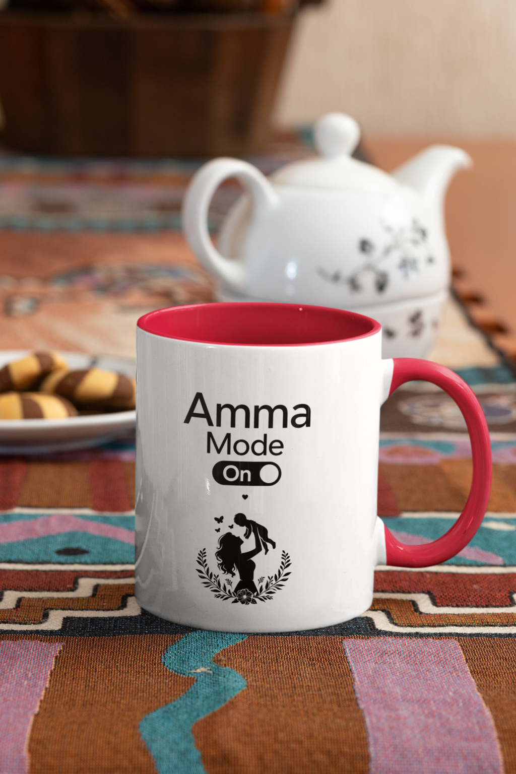 Amma Mode On - Red handle mug by teapot and biscuits