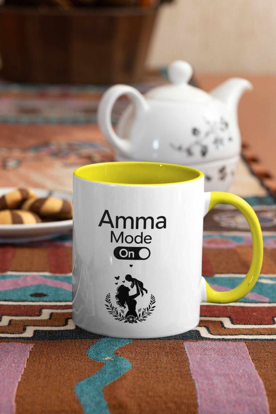 Amma Mode On - Yellow handle mug by teapot and biscuits