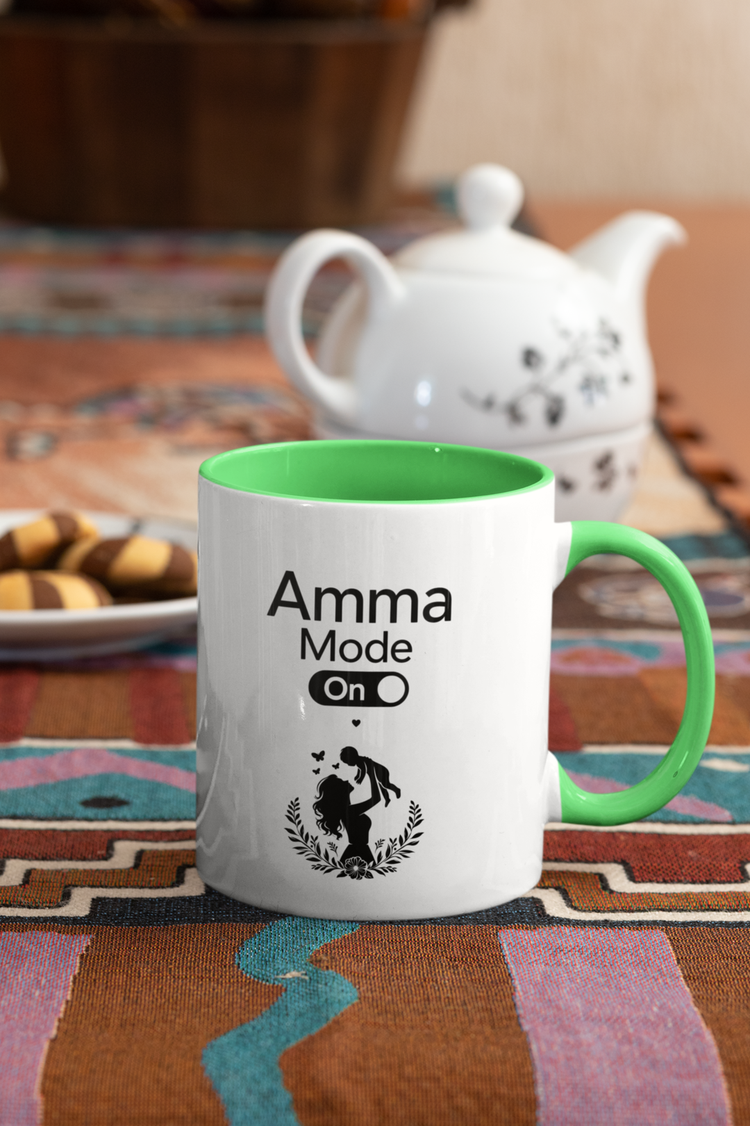 Amma Mode On - Green handle mug by teapot and biscuits