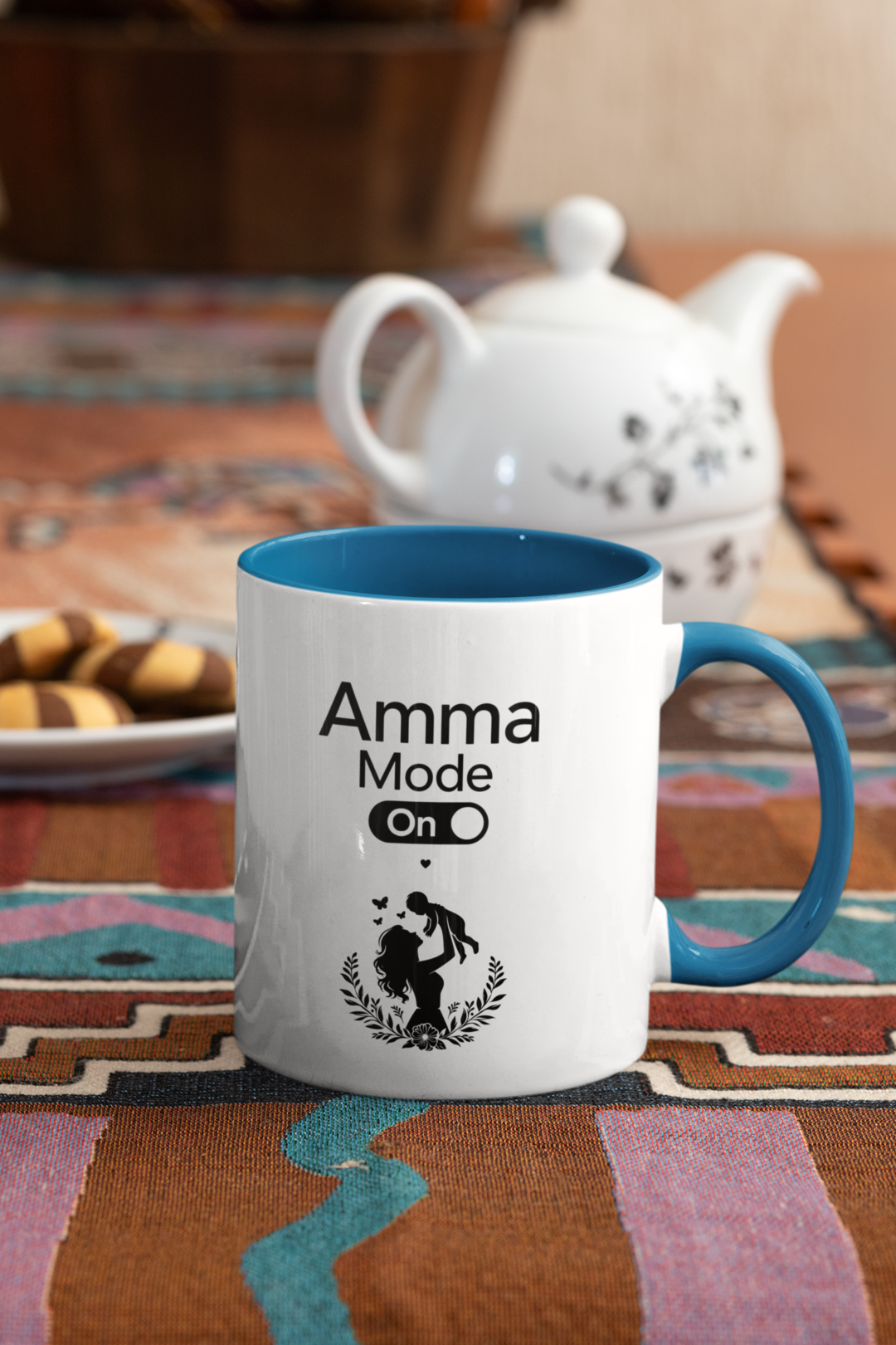Amma Mode On - Blue handle mug by teapot and biscuits