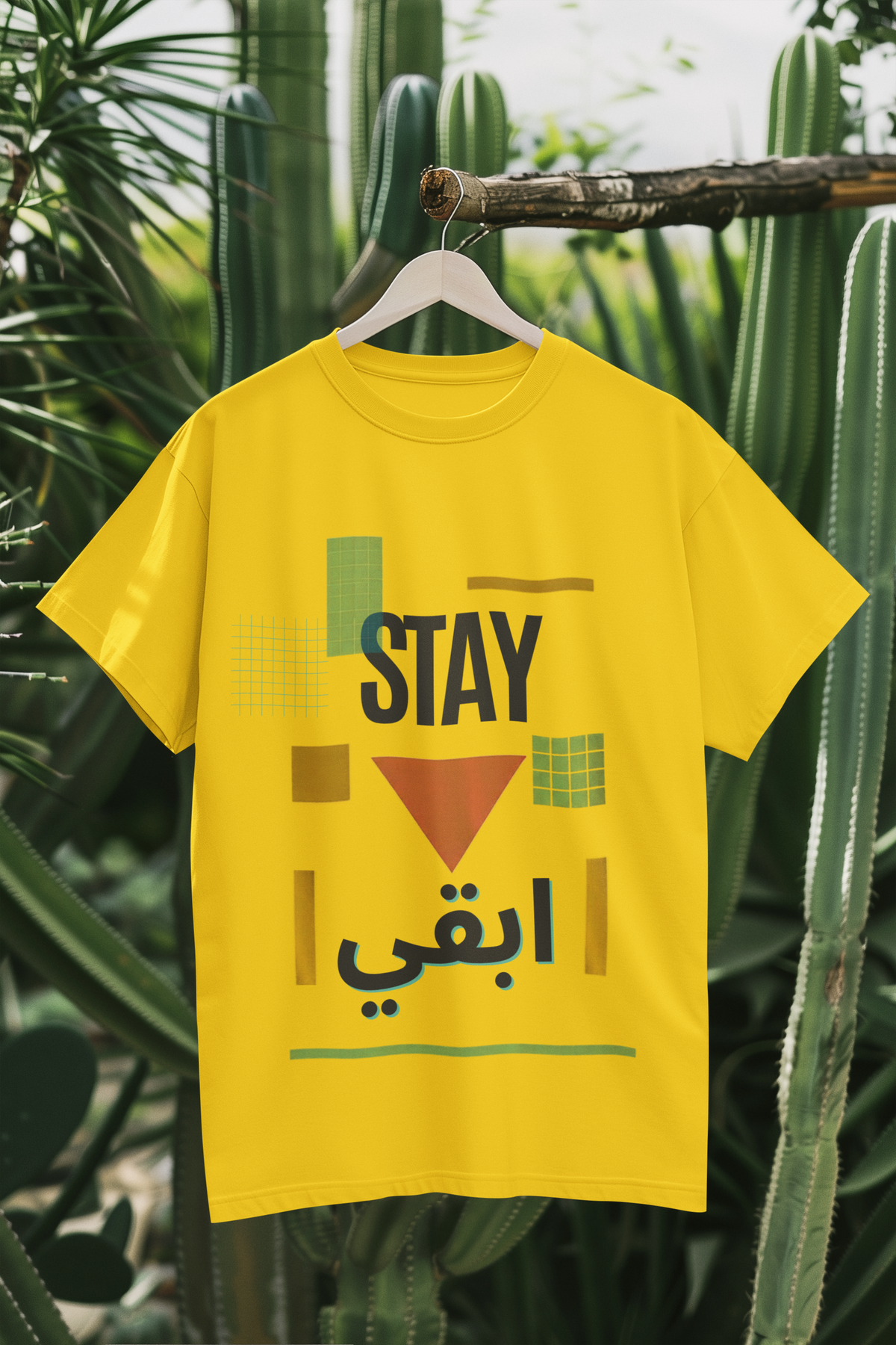 Stay ابقي Geometry Tee – Yellow hanger mockup