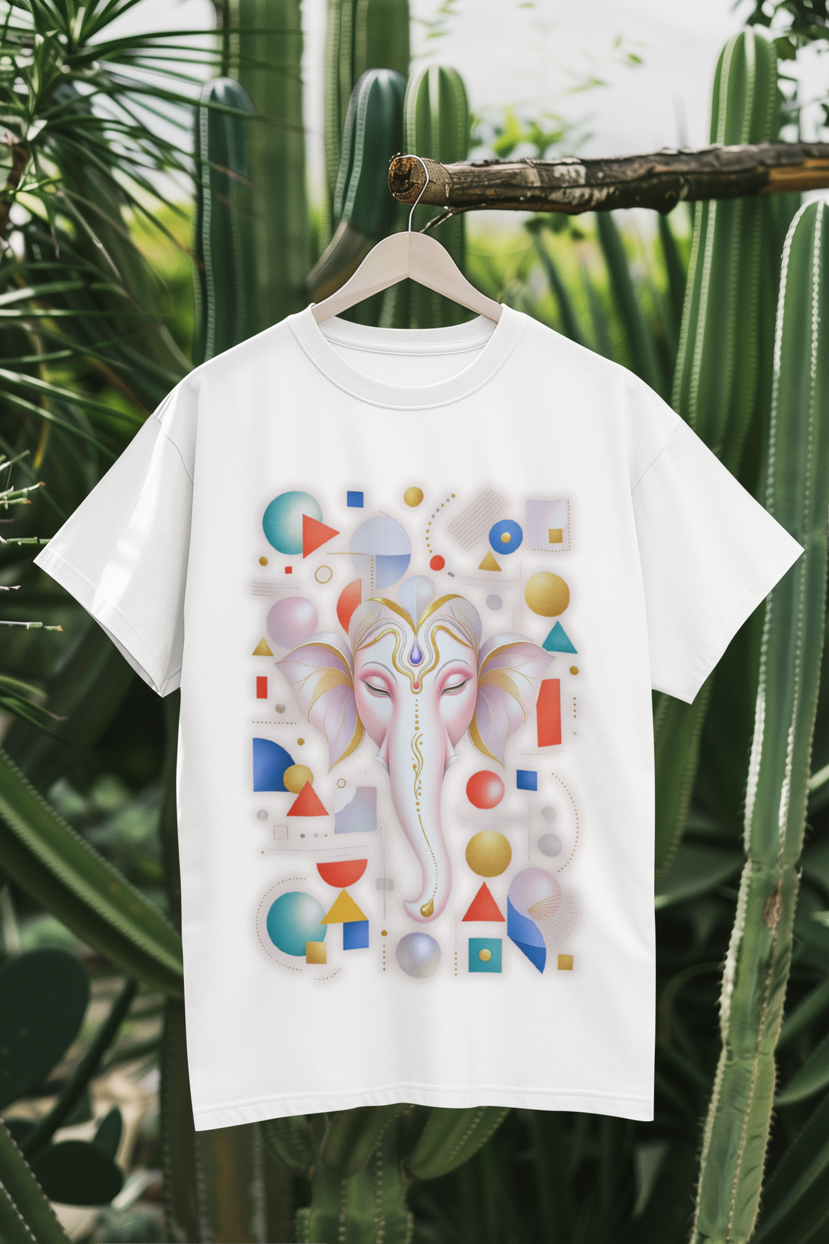 White unisex T-shirt with colourful geometric Ganesha artwork