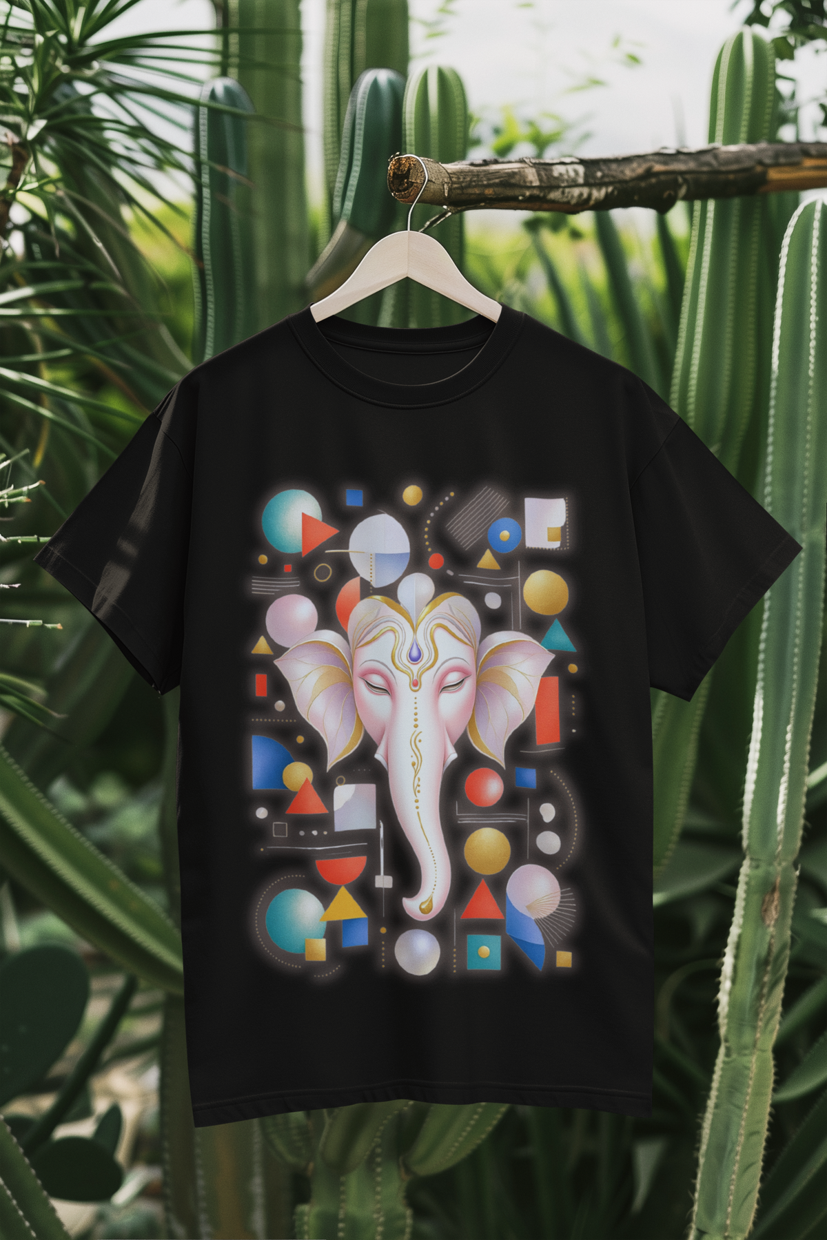Black unisex T-shirt with colourful geometric Ganesha artwork