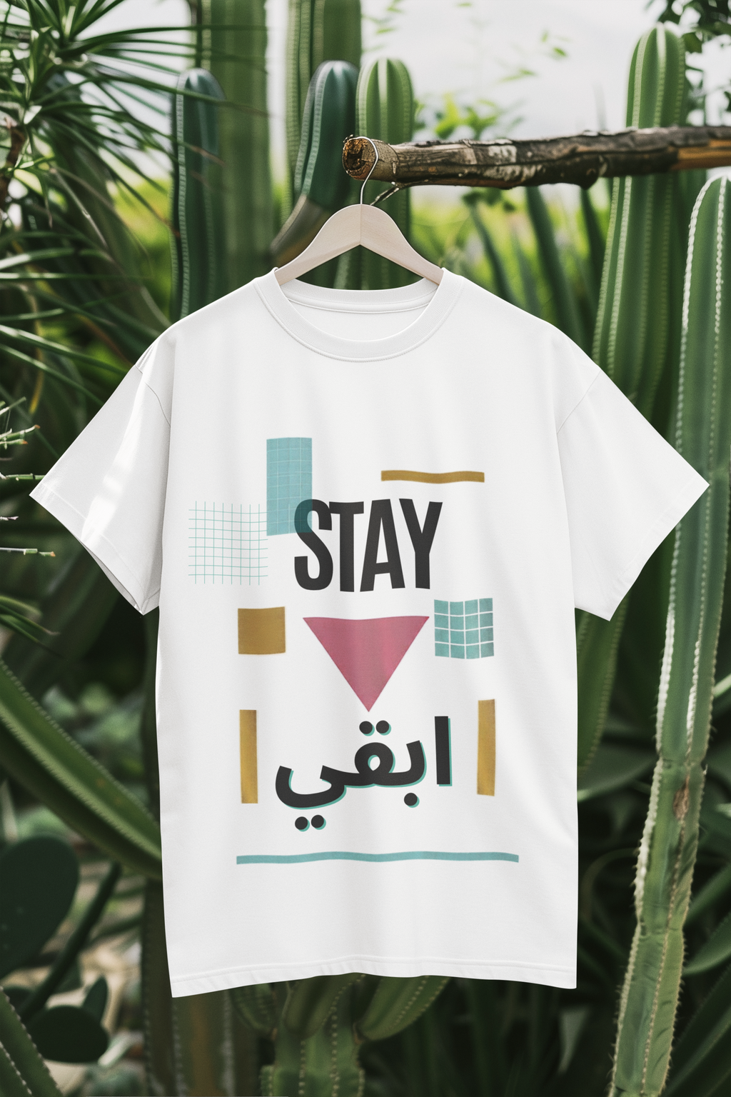 Stay ابقي Geometry Tee – White hanger mockup
