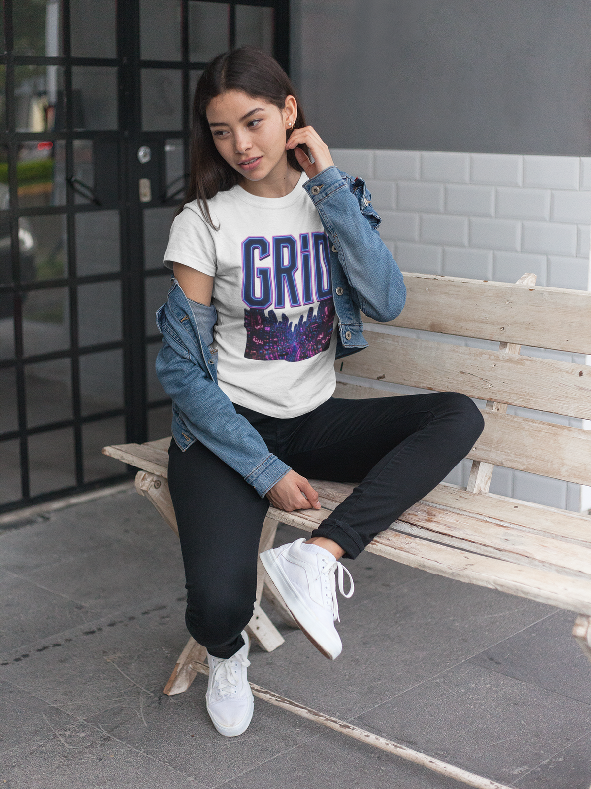 GRiD neon city white graphic tee woman on bench