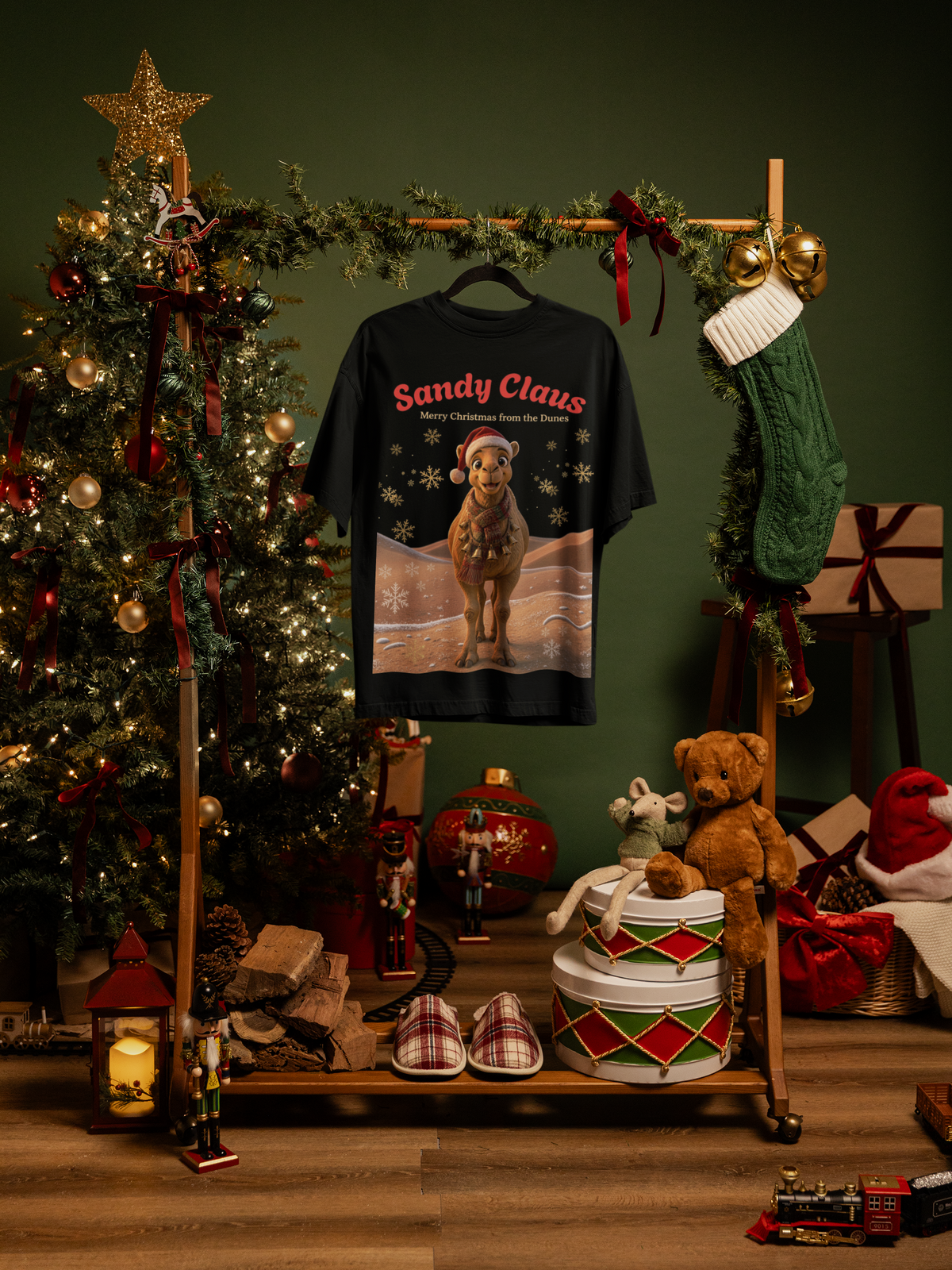 Sandy Claus Adults Christmas T-Shirt - hanging mockup