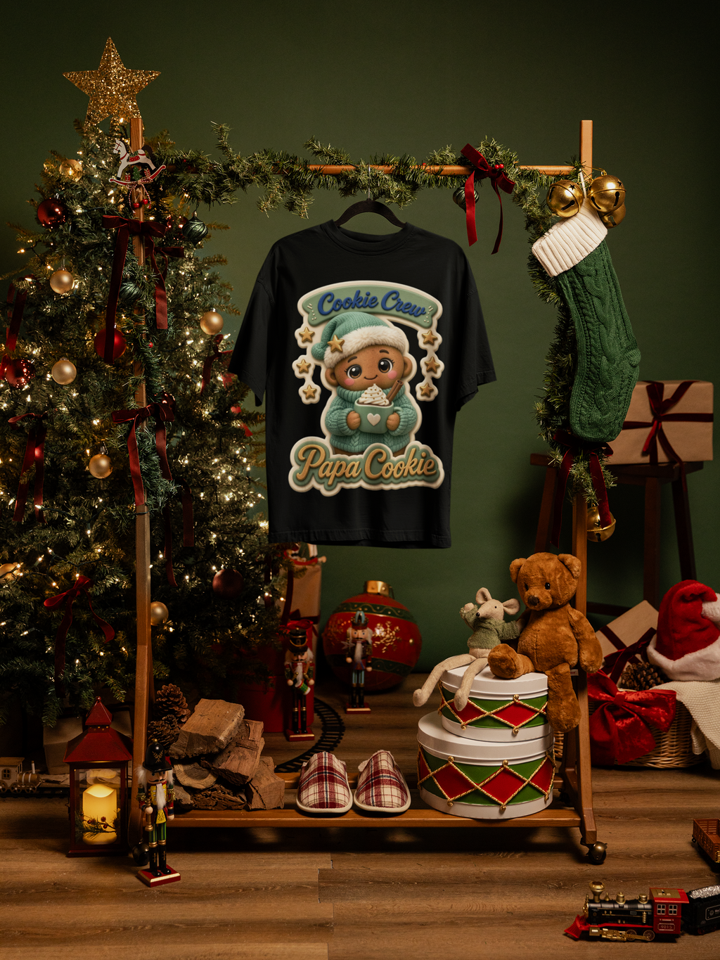 Papa Cookie Adults Christmas T-Shirt - black hanging mockup