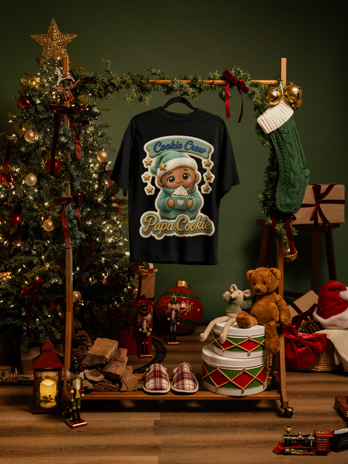 Papa Cookie Adults Christmas T-Shirt - black hanging mockup