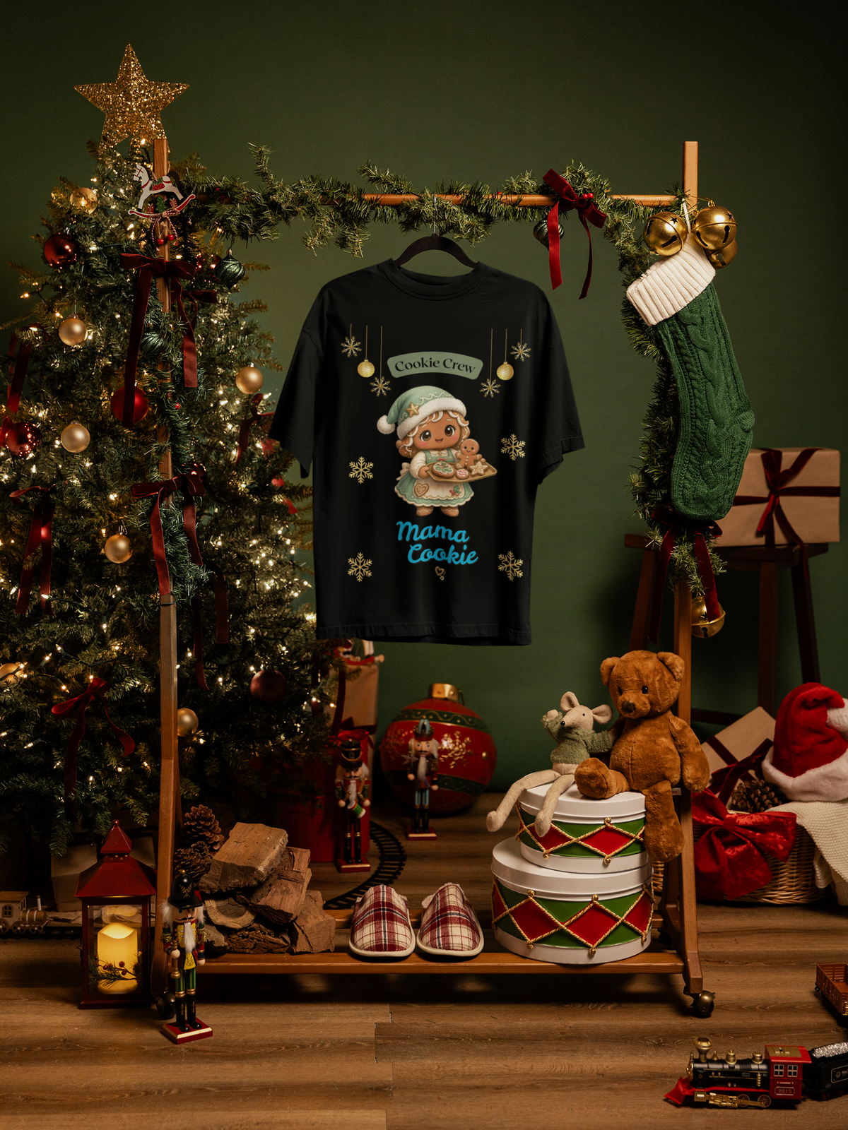 Mama Cookie Adults Christmas T-Shirt - black hanging mockup
