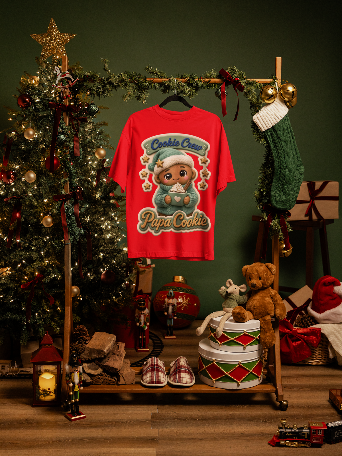 Papa Cookie Adults Christmas T-Shirt - red hanging mockup