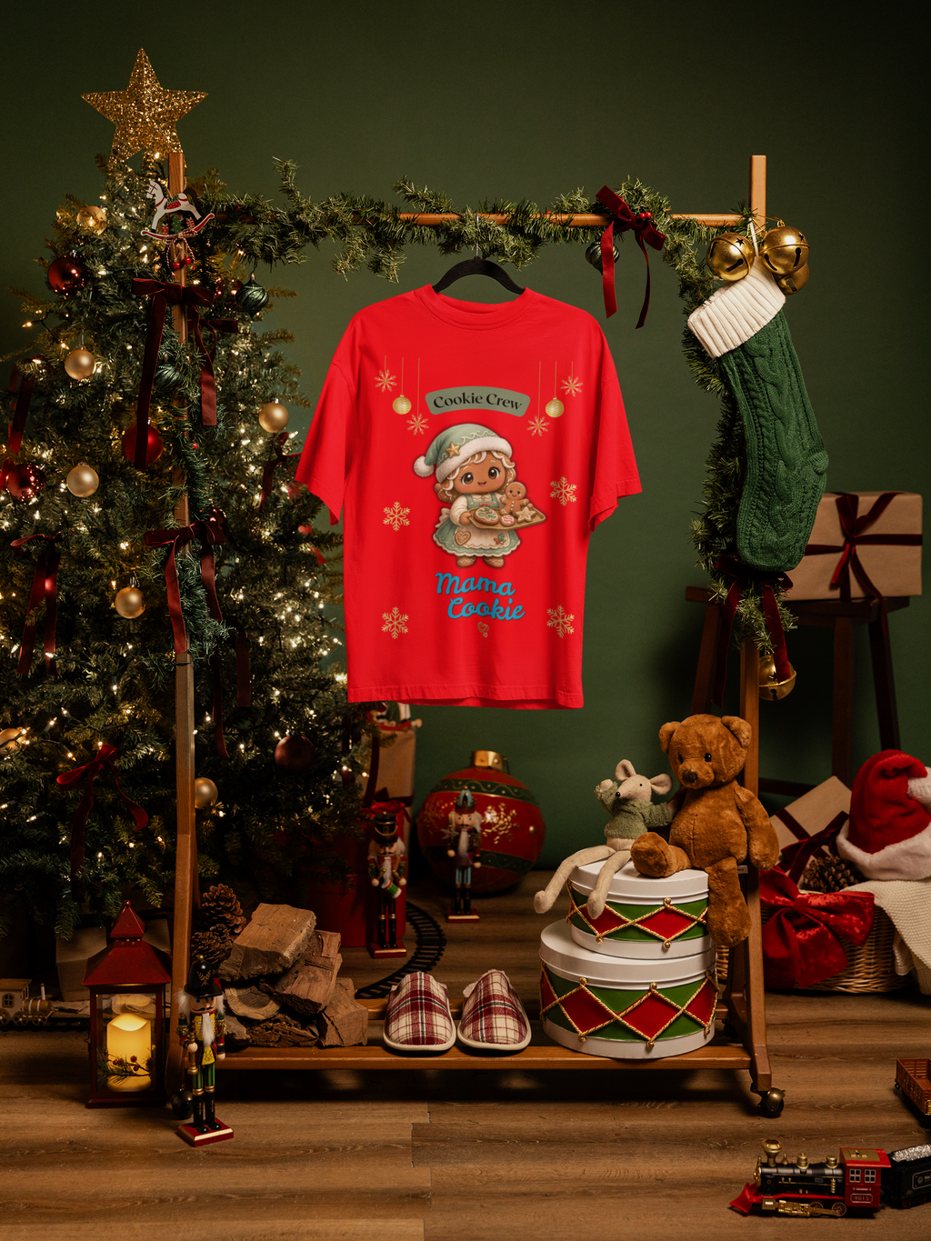 Mama Cookie Adults Christmas T-Shirt - red hanging mockup