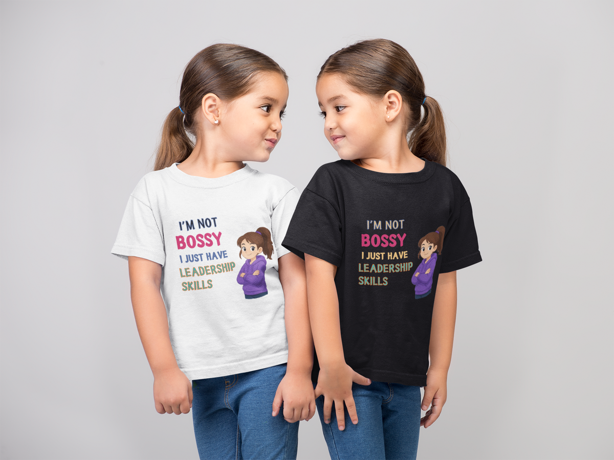 Not Bossy Leadership Tee - two little girls wearing Black and White in photo studio