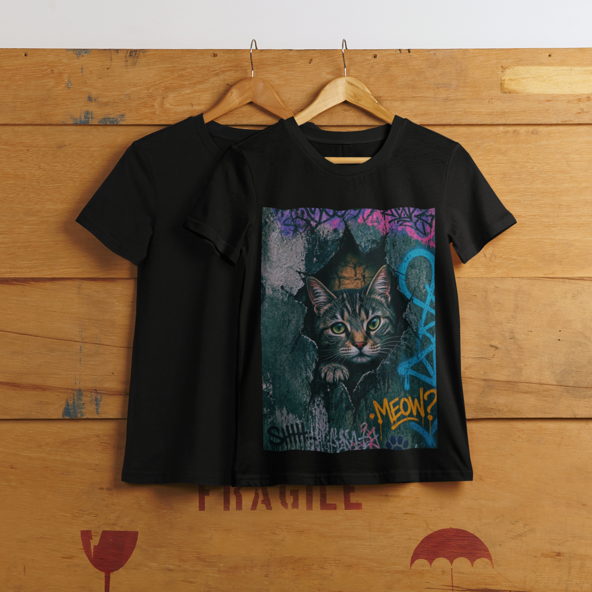 Graffiti Meow Tee Red and Black - hanging on wooden box