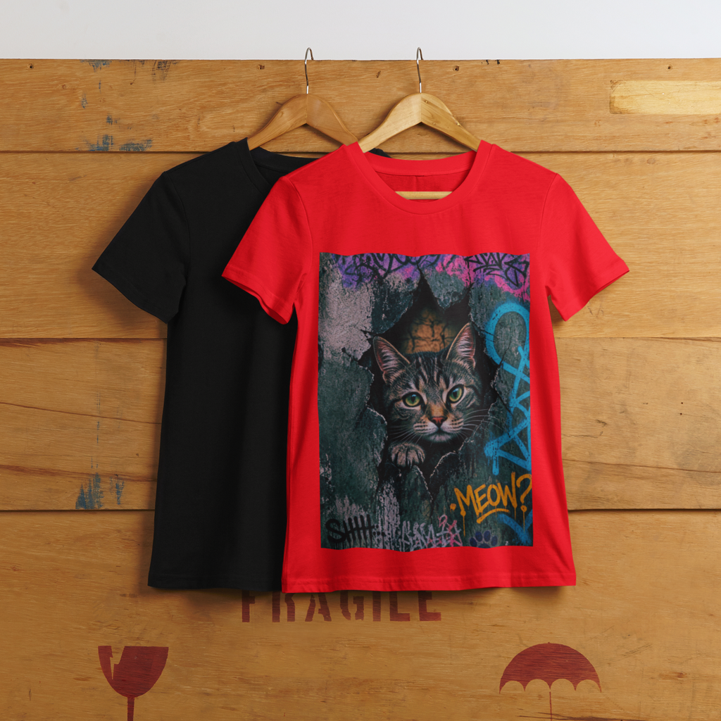 Graffiti Meow Tee Yellow and Black - hanging on wooden box