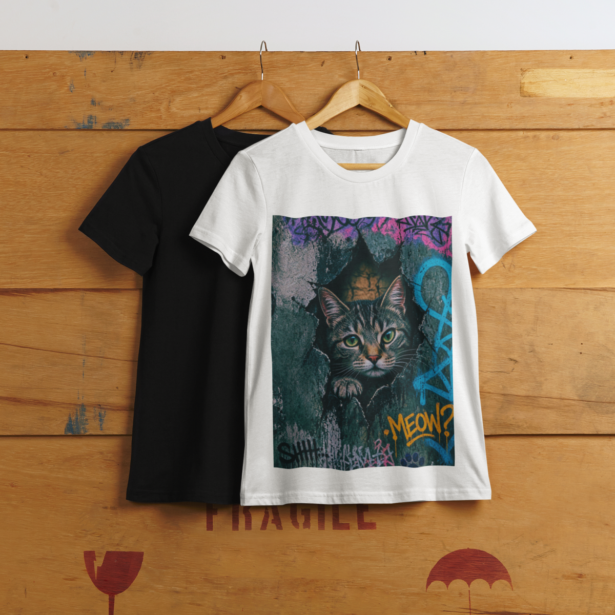 Graffiti Meow Tee White and Black - hanging on wooden box