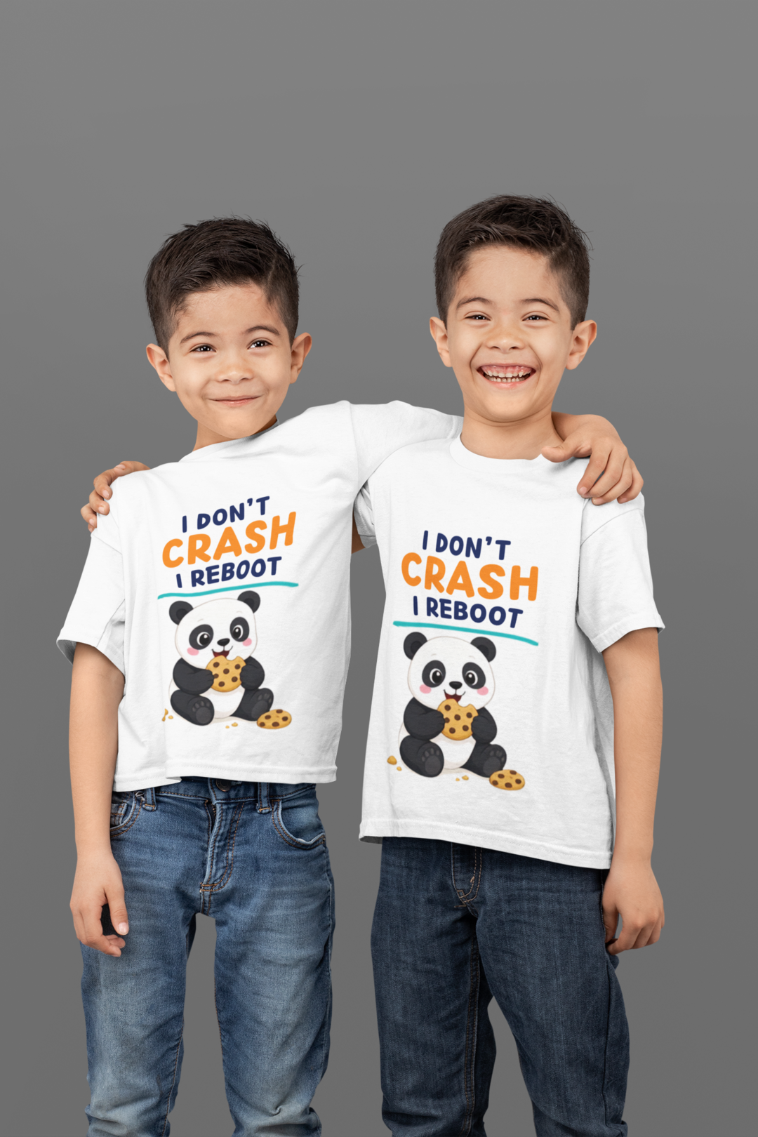 Mini Tech Panda Tee White - twin boys wearing tees in studio