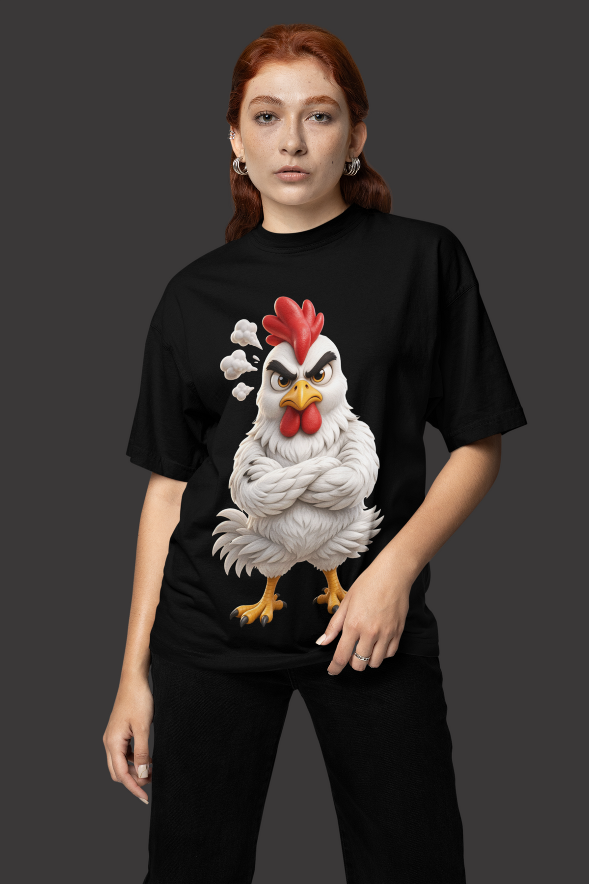 Don't Ruffle My Feathers Tee Black - oversized fit standing in studio