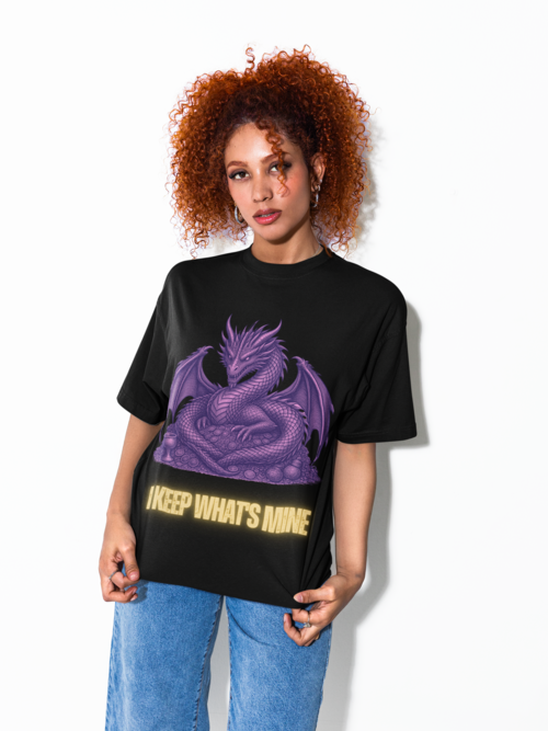 I Keep What's Mine - Curly haired woman in oversized Black tee