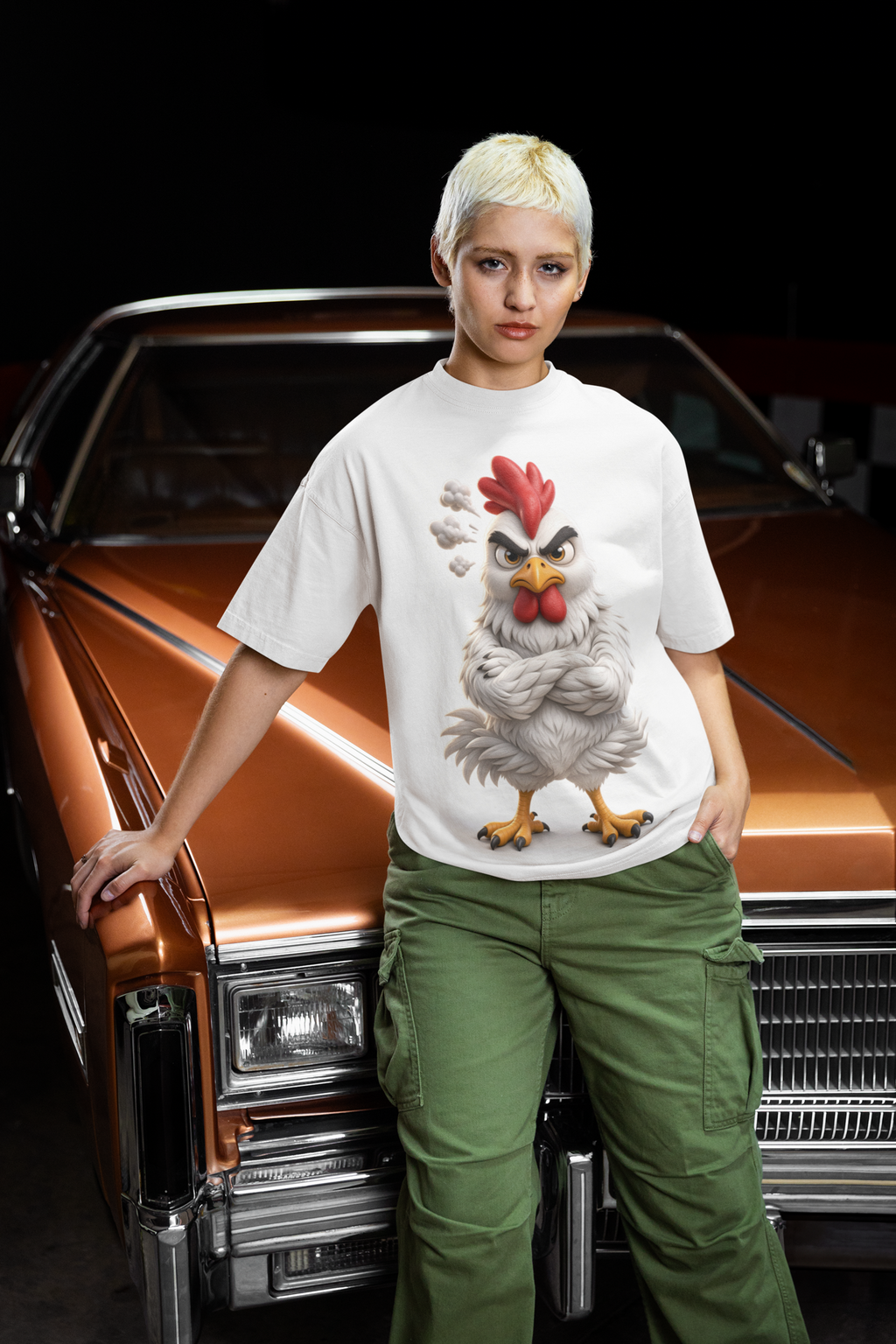 Don't Ruffle My Feathers Tee White - woman posing against vintage car