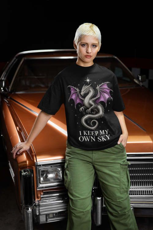 I Keep My Own Sky - Woman in Black tee by vintage car