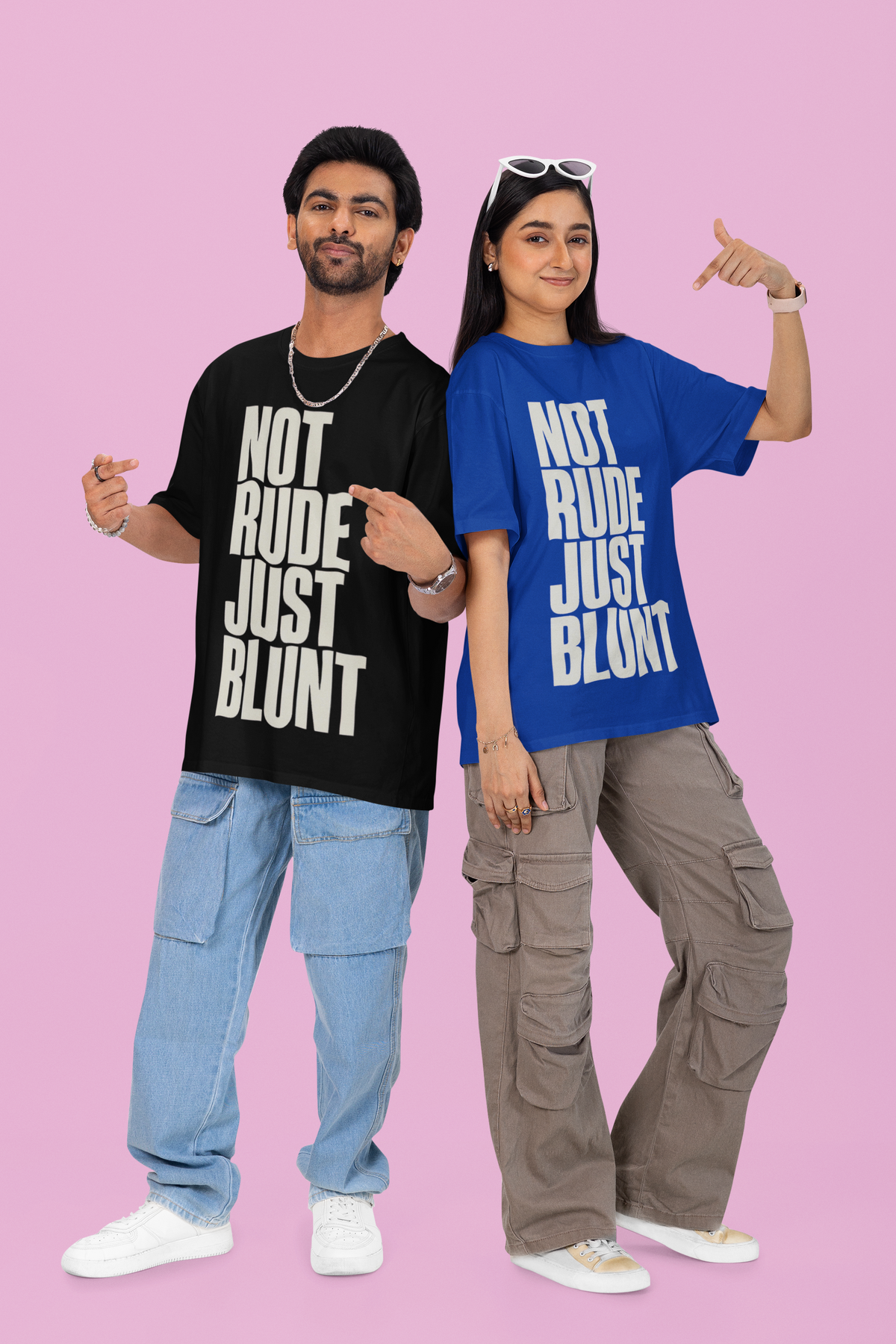 Not Rude Just Blunt couple smiling wearing black and blue tees