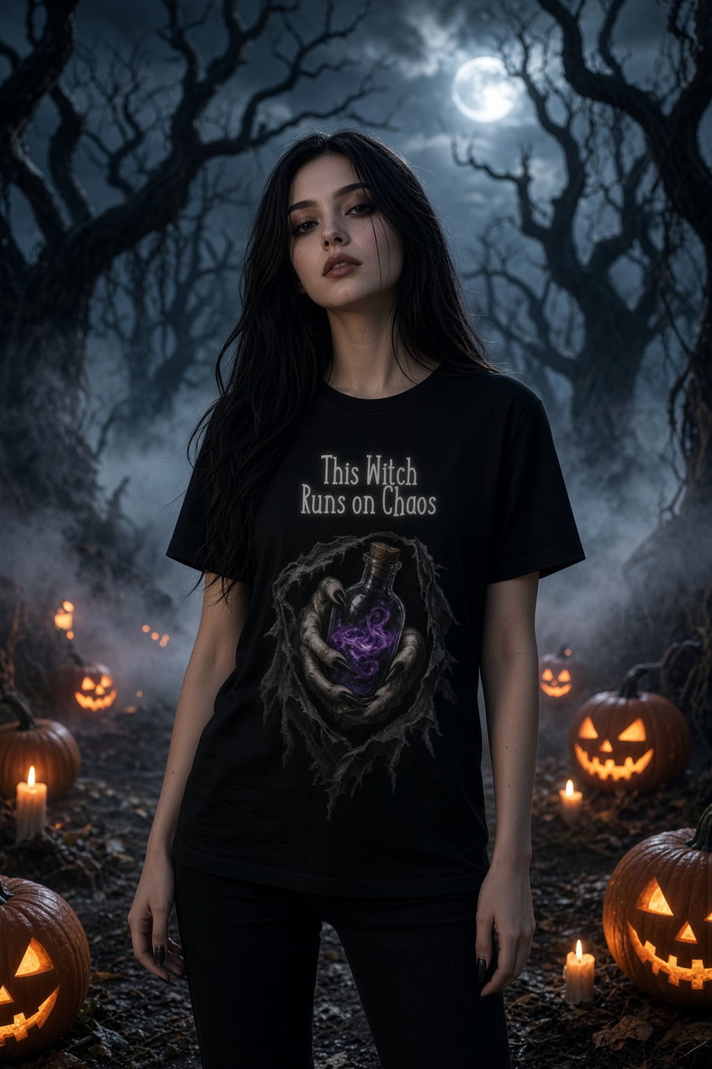 This Witch Runs on Chaos Halloween T-Shirt - woman in pumpkin field