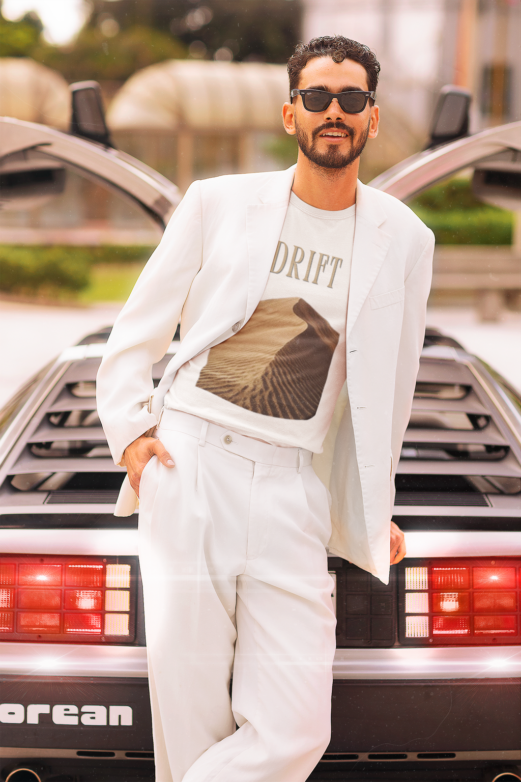 Drift Tee - White, man with DeLorean