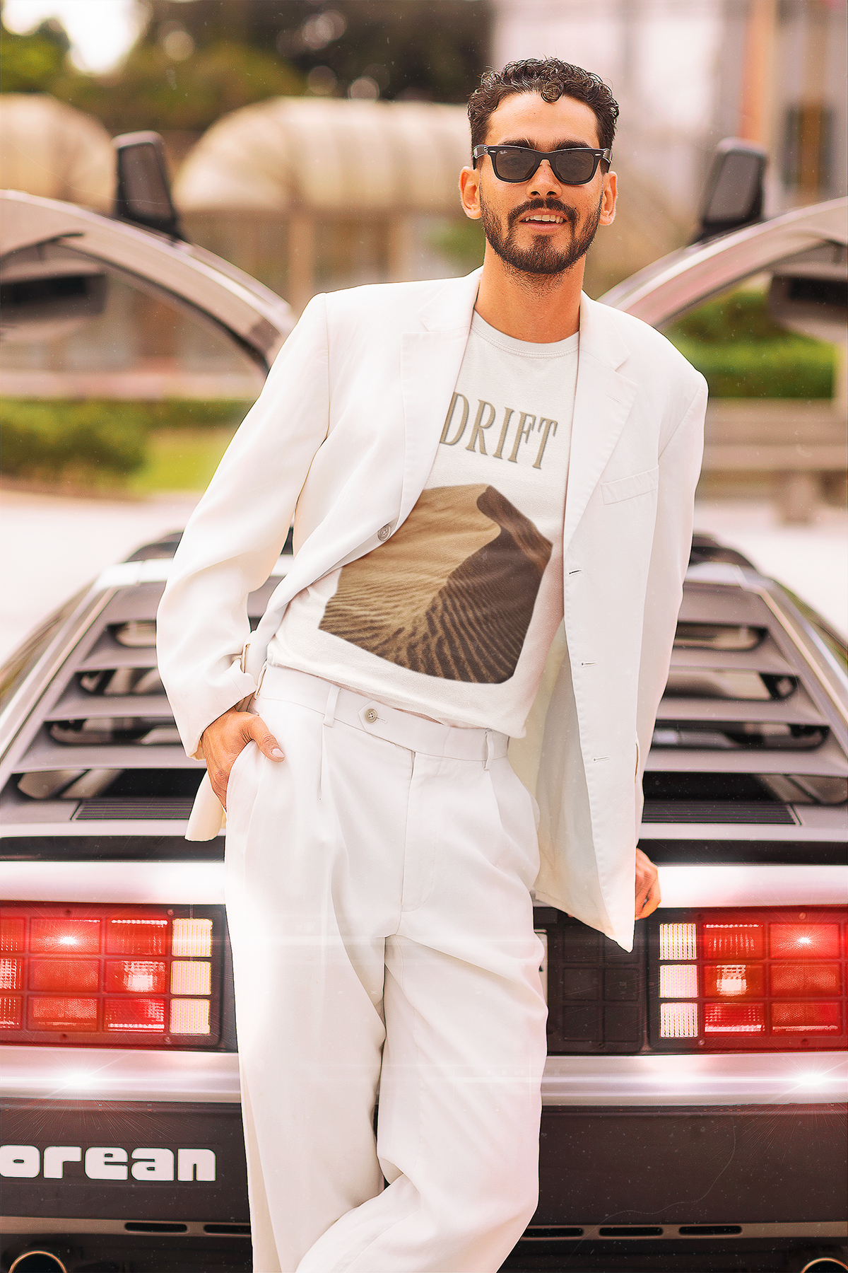 Drift Tee - White, man with DeLorean