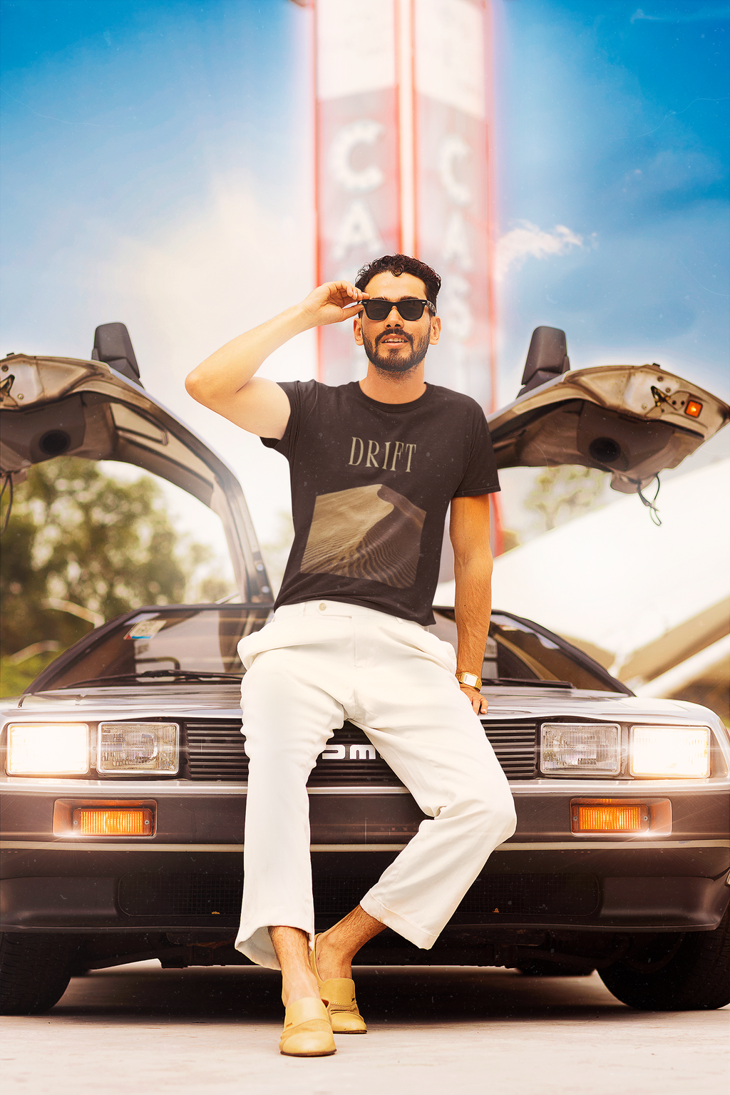 Drift Tee - Black, man with DeLorean