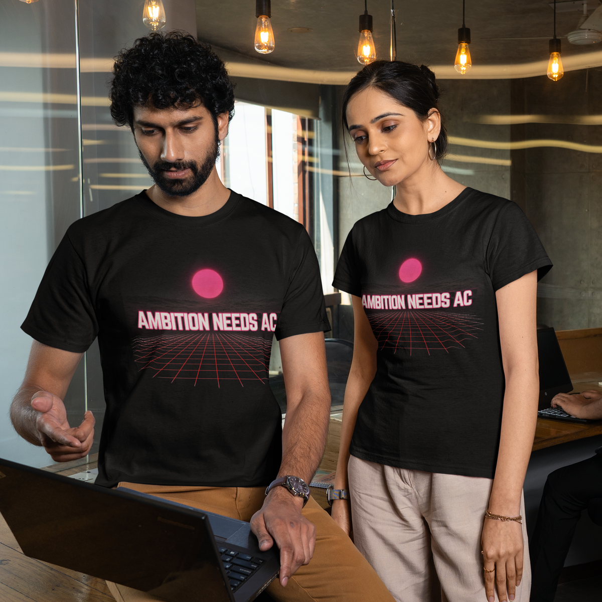 Ambition Needs AC black unisex tee couple mockup office