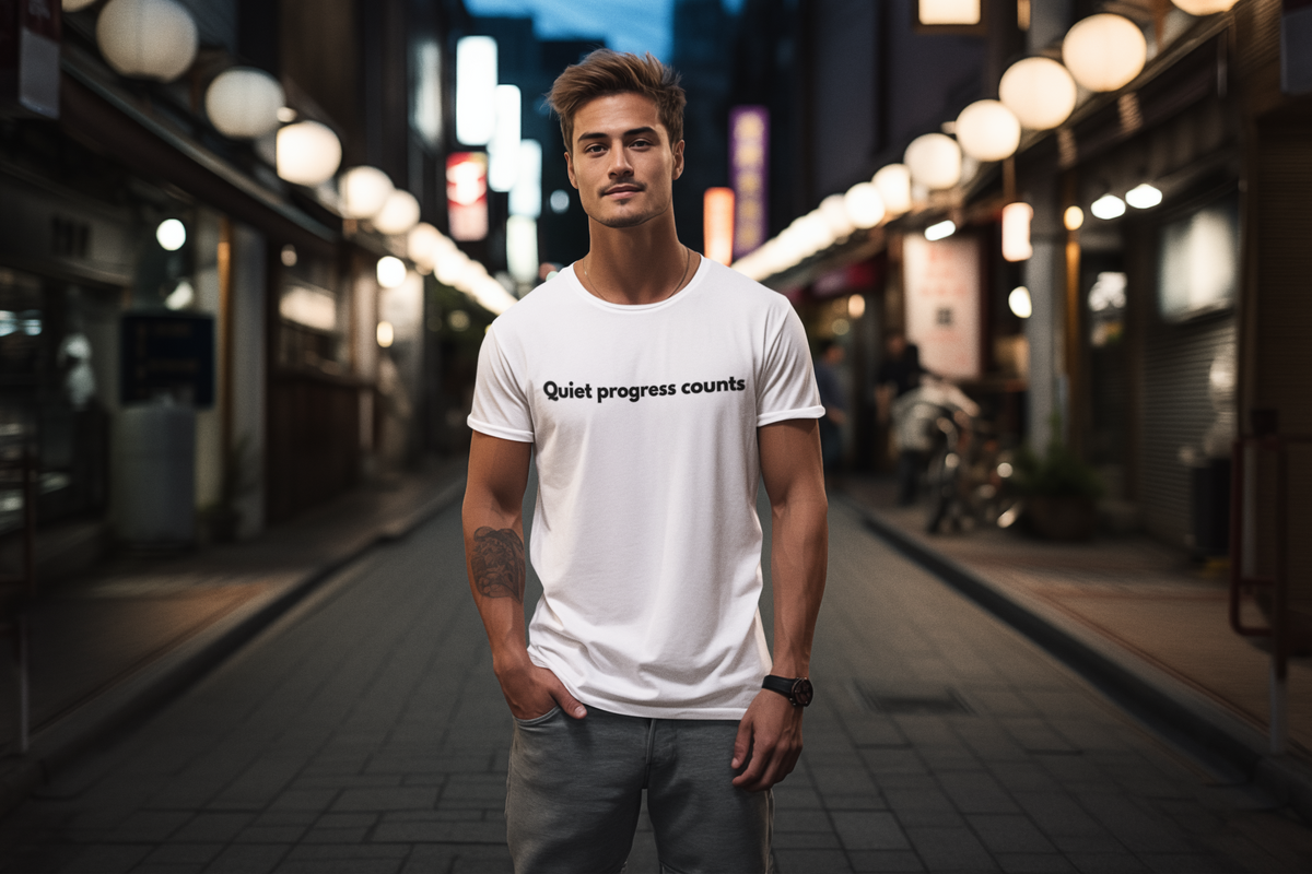 Man wearing a white T-shirt with the words Quiet progress counts in black across the chest, on a street at night.