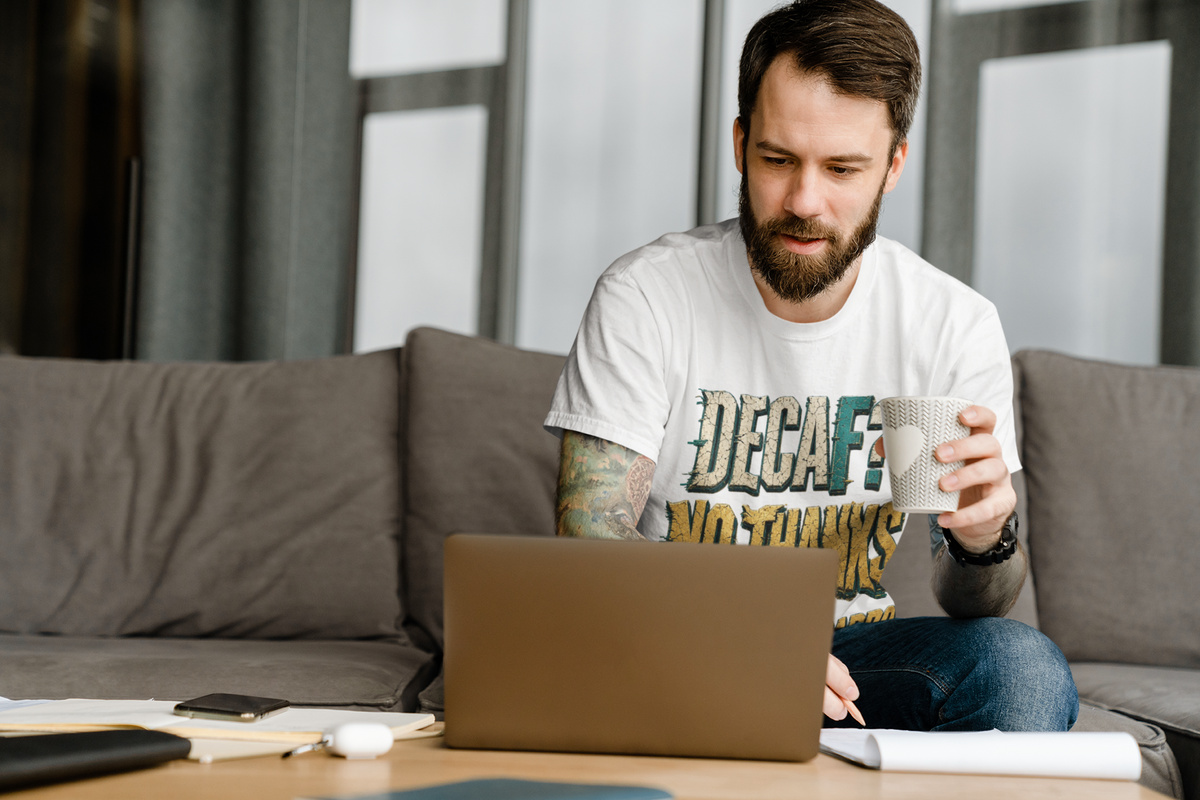 Decaf No Thanks tee - White, man working from home