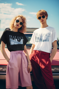 Balance tee - Black and White, couple wearing in 80s retro style