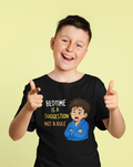 Mini Night Owl Tee Black - boy pointing at camera