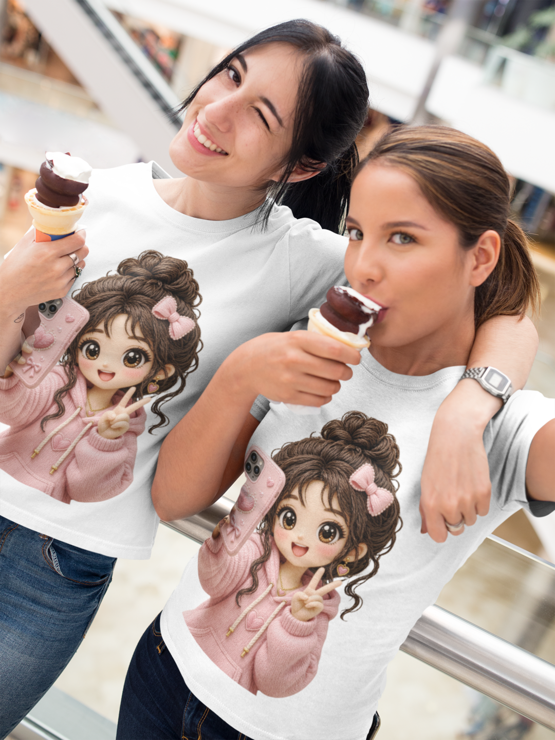 Selfie Queen Tee White - two girls having ice cream