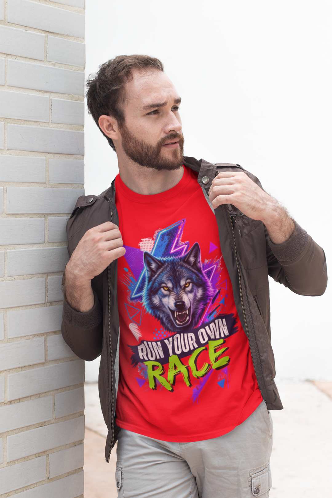 Run Your Own Race tee - Black, male model against brick wall