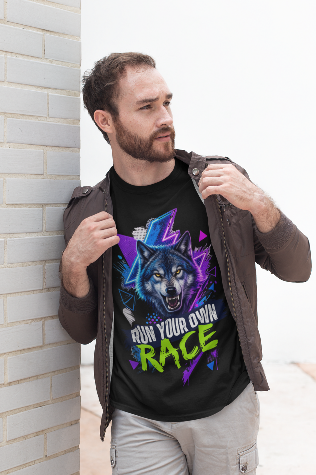 Run Your Own Race tee - Red, male model against brick wall