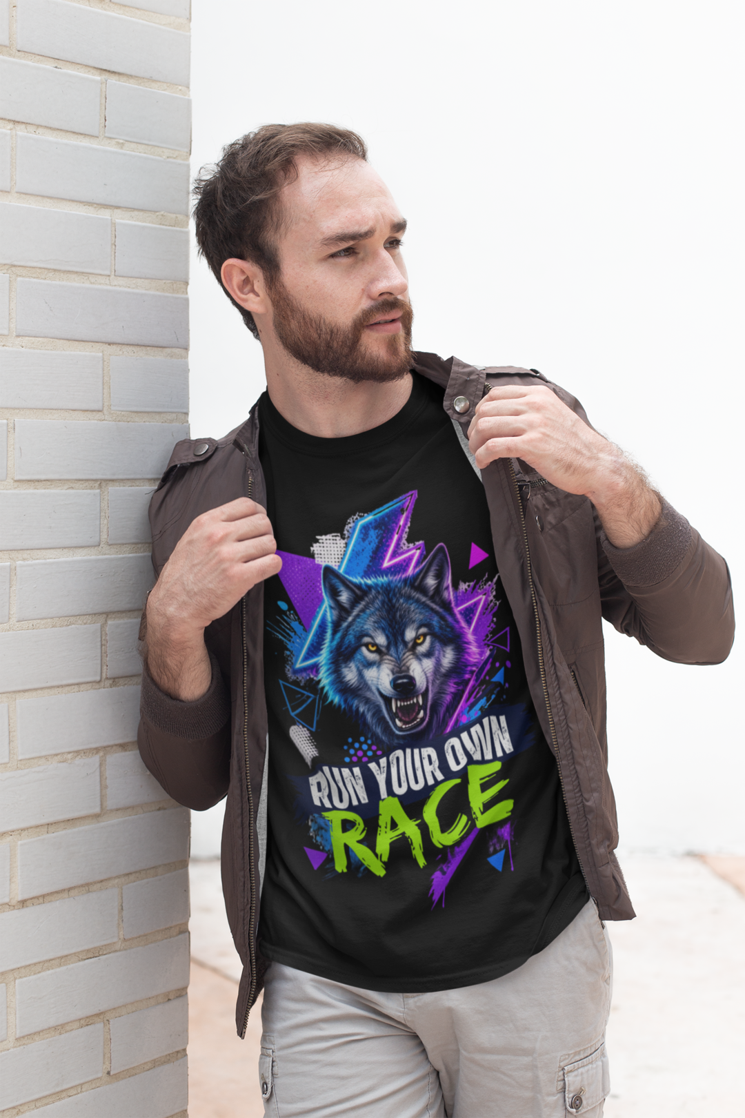 Run Your Own Race tee - Red, male model against brick wall