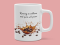 Running on Caffeine and Pure Will Power - White mug with coffee splash illustration on pink background