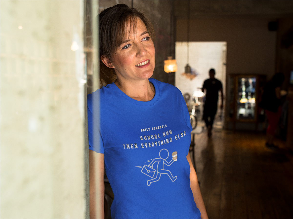 School Run Then Everything Else navy tee woman against wall