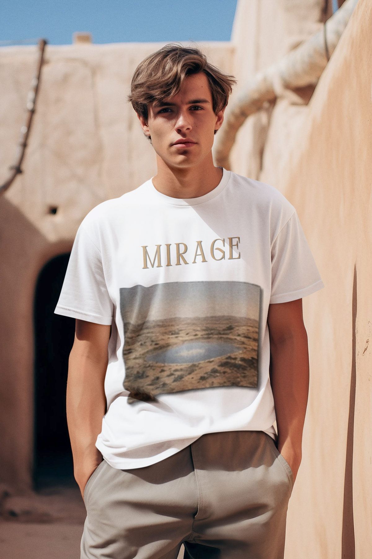 Mirage Tee - White, man in desert