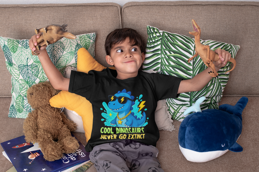 Never Go Extinct T-Shirt Black - boy playing with dinosaur toys