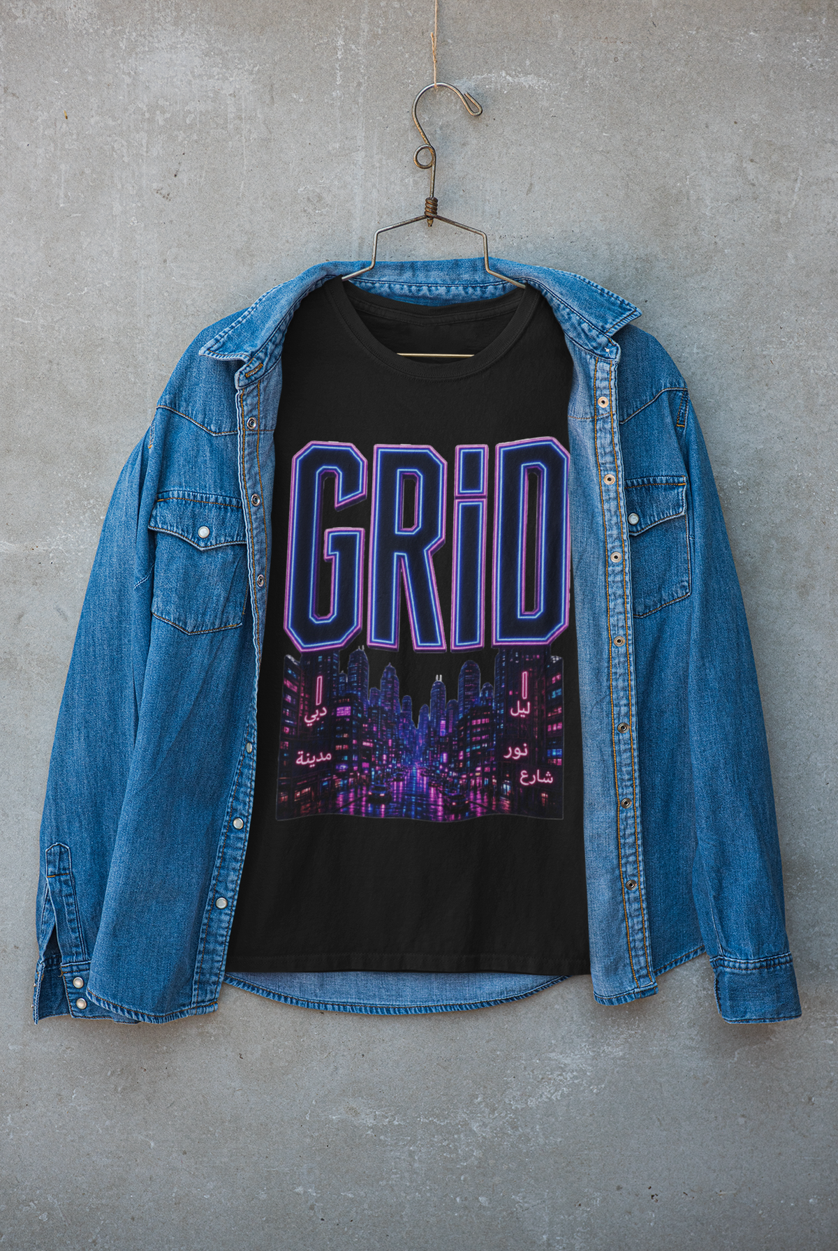 GRiD neon city black graphic tee on hanger with denim jacket